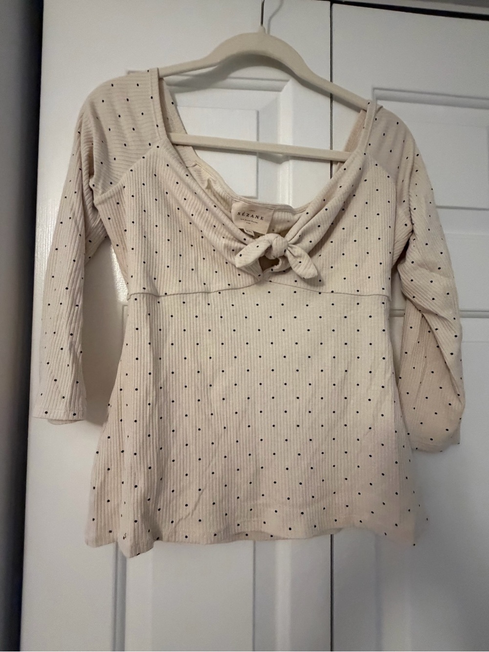 Sézane Carrie Top in Ecru Polka Dot (Pois) - Ribbed Tie-Front Knit XXL